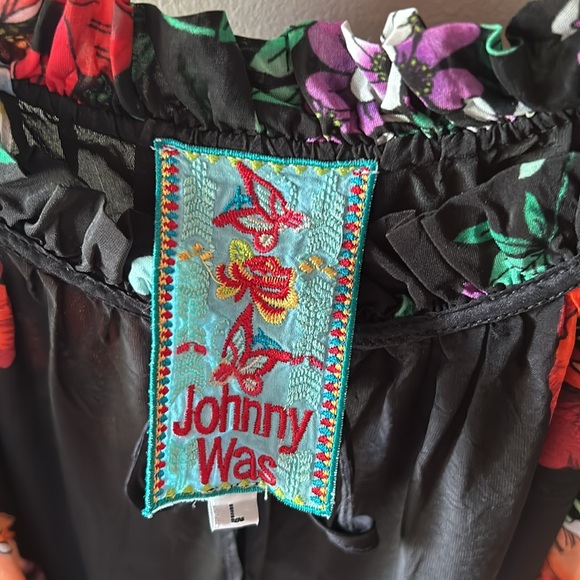 Johnny Was two pc Black Floral silky Set peek shoulder blouse flared pants L - Picture 9 of 10